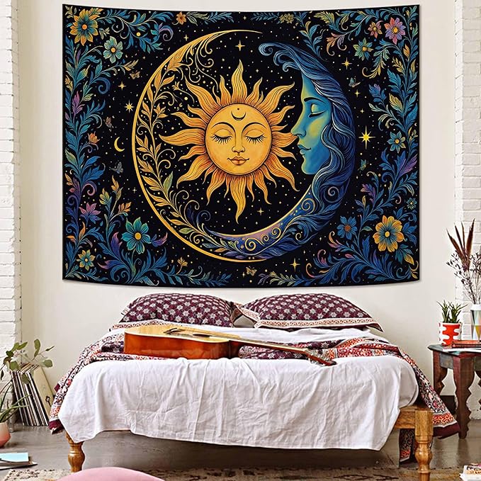 Accnicc Sun and Moon Tapestry for Bedroom Hippie Boho Floral Wall Tapestry Aesthetic Vintage Flower Plant Celestial Spiritual Large Tapestries Wall Hanging for Living Room Dorm 80 x 60 Inch