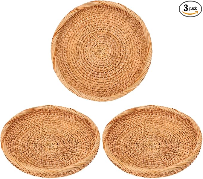 3 Pack Round Rattan Basket Bowl, 8.6 Inch Hand-Woven Rattan Basket for Entryway, Round Wicker Storage Baskets, Suitable for Food Serving, Keys Tray, and Home Decoration