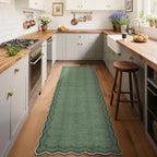 GarveeHome 2x6 Scalloped Washable Runner Rug for Kitchen, Soft Green Hallway Runner Non Slip Entryway Rug Farmhouse Thin Laundry Mat Stain Resistant Carpet for Bedroom Bathroom Beside Rug