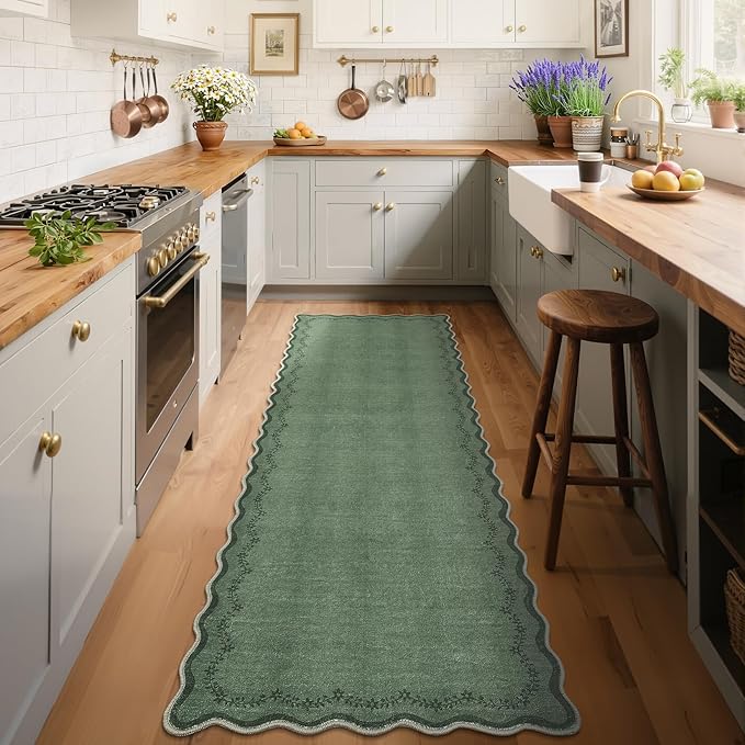 GarveeHome 2x6 Scalloped Washable Runner Rug for Kitchen, Soft Green Hallway Runner Non Slip Entryway Rug Farmhouse Thin Laundry Mat Stain Resistant Carpet for Bedroom Bathroom Beside Rug