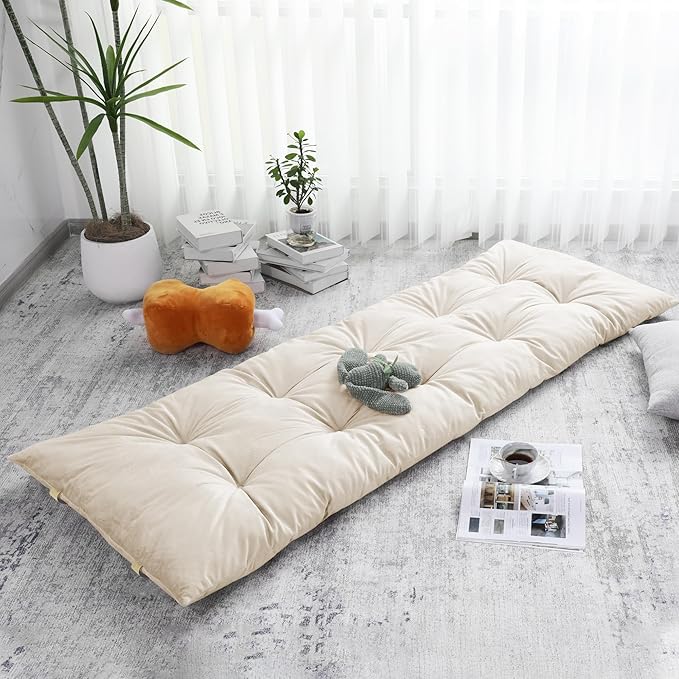HOMBYS Floor Lounger Pillow Foldable and Tufted Design Long Floor Cushion for Yoga, Reading, Sleeping, Meditation, Elastic Band for Roll Up and Easy Storage, Machine Washable (Beige, 62"x27")