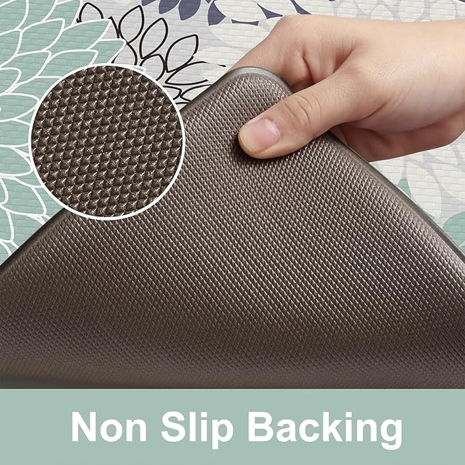 Anti Fatigue Kitchen Mat 2PCS,Boho Dahlia Floral Kitchen Rugs Non Slip Rubber Backing,Waterproof Farmhouse Kitchen Mat for Floor,Cushioned Standing Mat for Office,Laundry,Sink,Desk,Multi Cyan