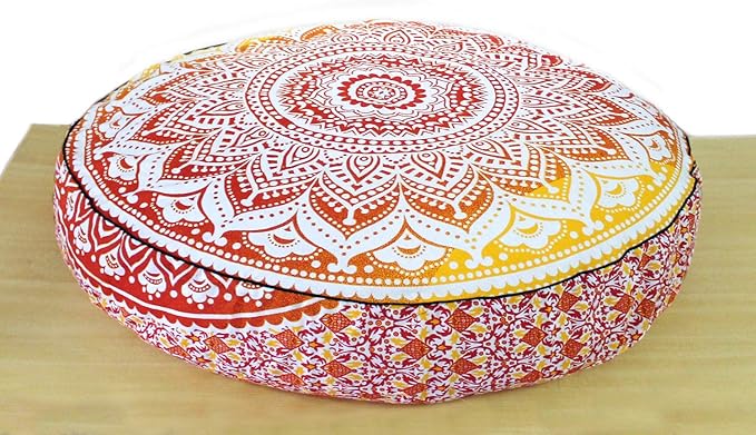 Large Hippie Mandala Round Floor Pillow Cover Ottoman Pouf Cover Daybed Cotton Cushion Cover with Heavy Duty Zipper Seating Ottoman Poufs Dog-Pets Bed 35" (Yellow/ Orange Ombre, 35" Round)