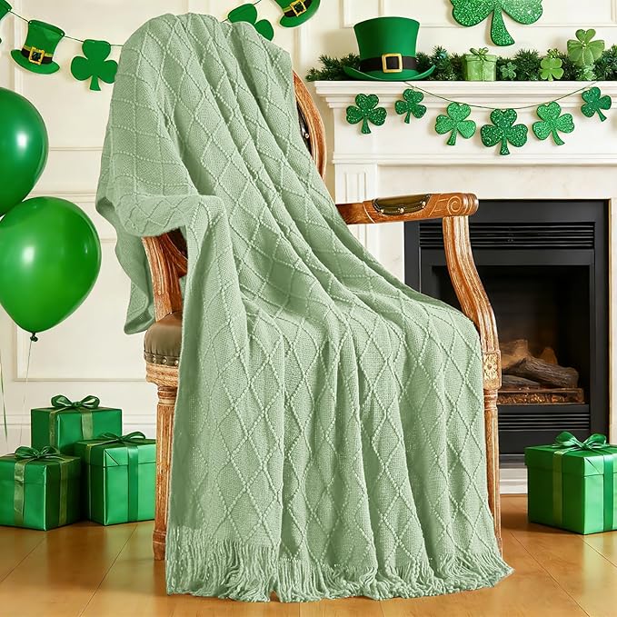 inhand Basil Green Knitted Throw Blanket for Couch and Bed, St. Patrick’s Day Lucky Spring Gifts Throw for Her or Him, Soft Farmhouse Woven Blanket with Tassel, Lightweight Decorative, 50"x60"