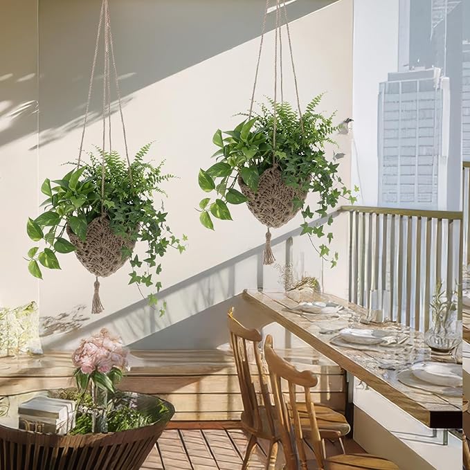 4 Pack Jute Crochet Long Plant Hanger for 3 Inch to 12 Inch Pots, Macrame Plant Hanger Macrame Plant Holder Rope with S Shaped Hooks for Indoor Outdoor Home Decor (Brown)