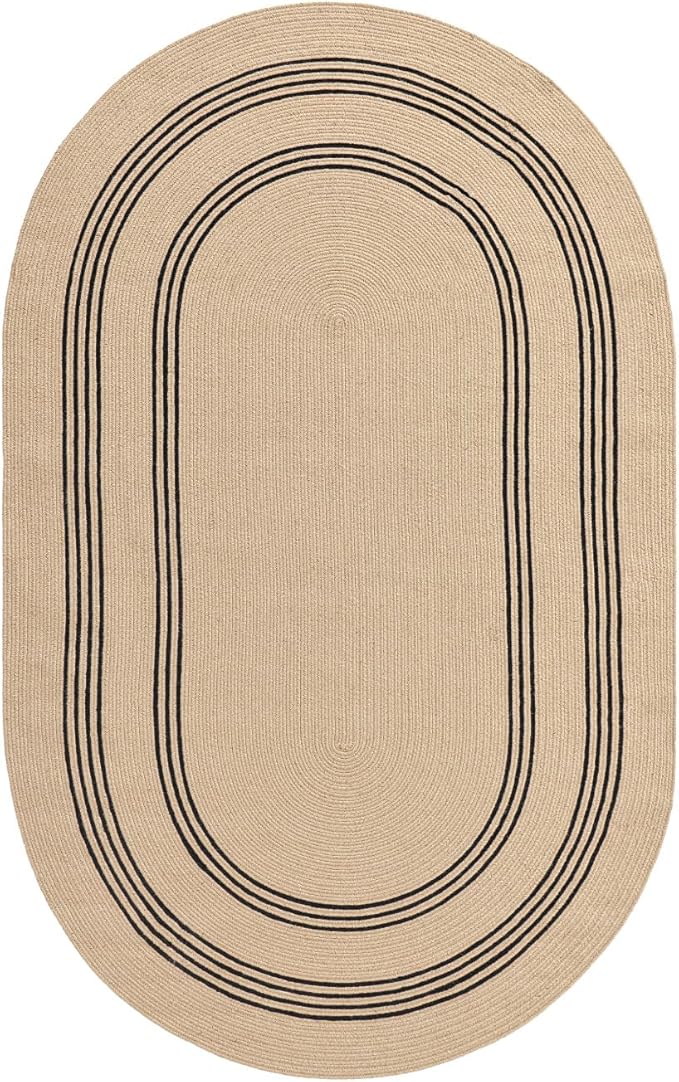 DEXI Jute Area Rug Natural Fiber 5x8 Oval, Woven Braided Durable Farmhouse Design Rugs for Living Room, Bedroom Dinning Room Office Outdoor Patio, Beige/Black