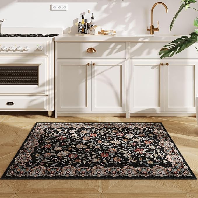 Rugcomf 2'x3' Entryway Rug - Paisley Pattern, Door Mat Indoor Entrance, Floral Vintage, Machine Washable, Non-Slip Low Pile Area Rug for Kitchen, Front Door, Kids Room - Black