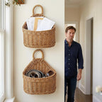 DOITOOL Set of 2 Wicker Hanging Basket for Wall, Front Door, Flowers, Mail, Fruit - Boho Handmade Rattan Hanging Wall Baskets for Garden Farmhouse Home Storage
