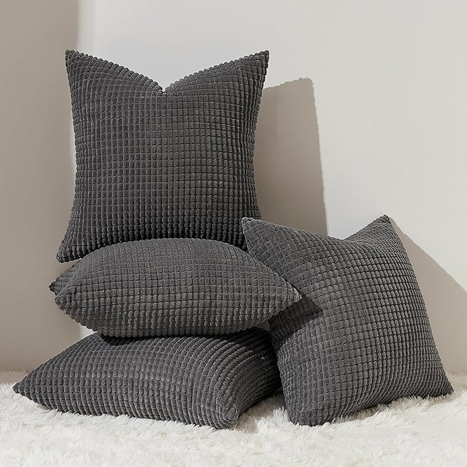 Topfinel Darkgrey Throw Pillow Covers 12x12 Inch Set of 4 Modern Farmhouse Home Decor Pillow Covers for Spring Sofa Living Room Couch Bed Soft Corduroy Textured Boho Striped Patchwork Cushion Cases