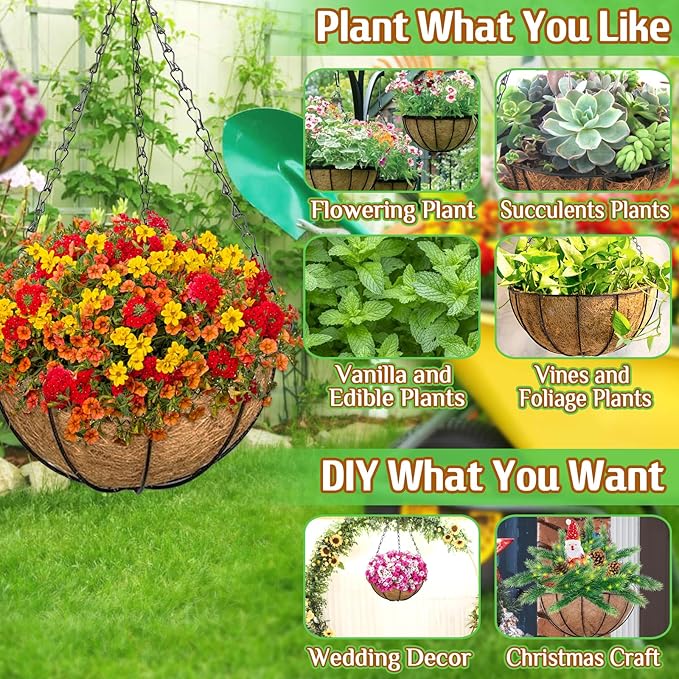 ZeeDix 2 Pack 16 Inch Large Hanging Baskets for Plants Outdoor with Coconut Liners Replacement, Hanging planters Baskets with Natural Coco Liner for Outdoor Indoor Planters Flowers Vegetables