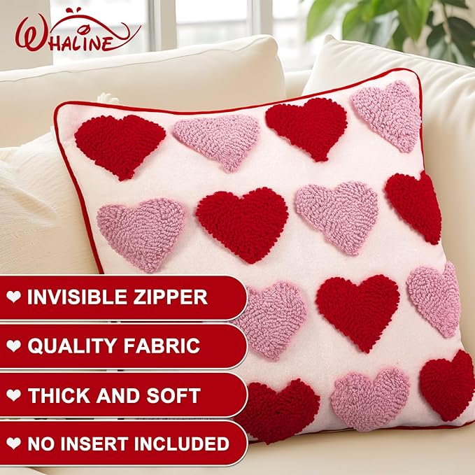 Whaline 2 Pcs Valentine's Day Tufted Throw Pillow Covers Pillow Case 18 x 18 Inch Embroidery Red Pink Heart Cushion Case for Wedding Anniversary Bedroom Sofa Couch Bed Holiday Festival Home Decor