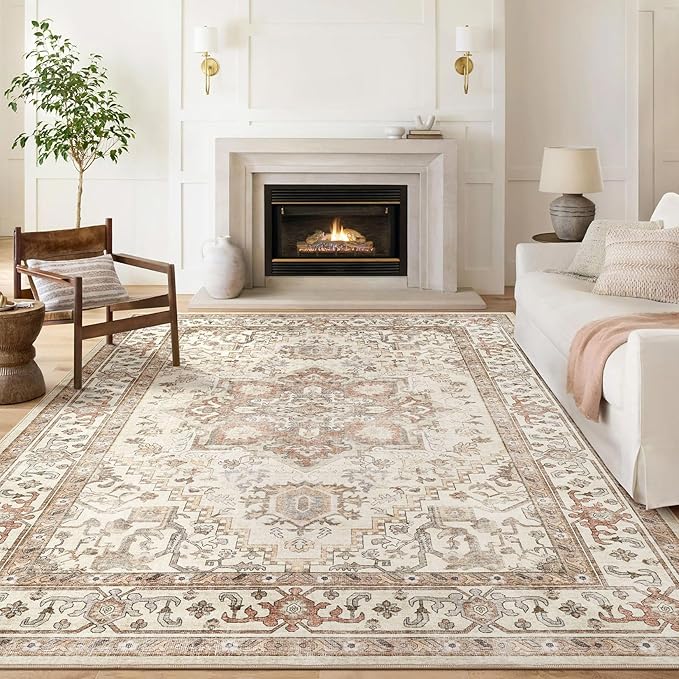 Washable Rug 8x10 Area Rugs: Boho Vintage Distressed Oriental Medallion Neutral Thin Large Rug Carpet for Living Room Bedroom Dining Room Home Office Decor - Beige
