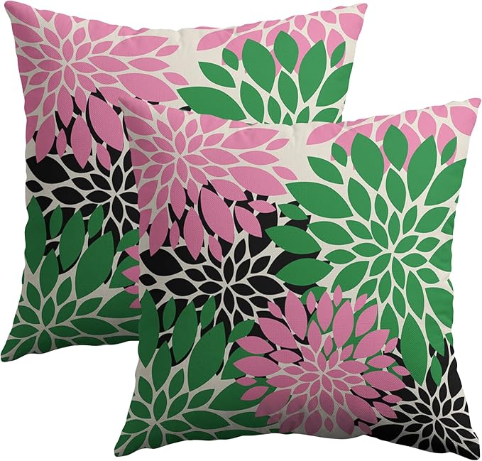 Pink Green Black Pillow Covers 18X18 Inch Set of 2, Spring Modern Geometry Dahlia Floral Print Decorative Throw Pillow Covers Outdoor Farmhouse Cushion Case for Couch Sofa Bed Decor