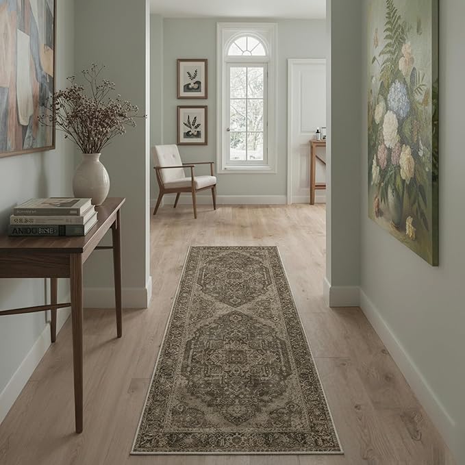 GENIMO 5x7 Area Rugs for Living Room, Machine Washable Non Slip Vintage Rugs, Low Pile Lightweight Chenille Print Rug for Bedroom, Dining Room, Home Office, Vintage Chocolate