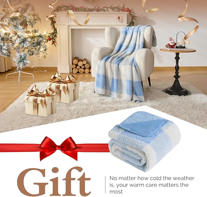 LURKA Checkered Sherpa Fleece Throw Blanket – Soft and Cozy, Medium Weight for All Season, Plush Throw for Couch, Bed, Dorm & Pets, Glacier, 60x80 Inches