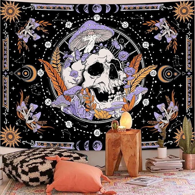 Aipon Purple Skeleton Tapestry Bedroom Skull Mushroom Tapestries Hippie Nature Plants Floral Flower Aesthetic Tapestry Wall Hanging for Living Room Dorm (Purple, 48'' × 36'')