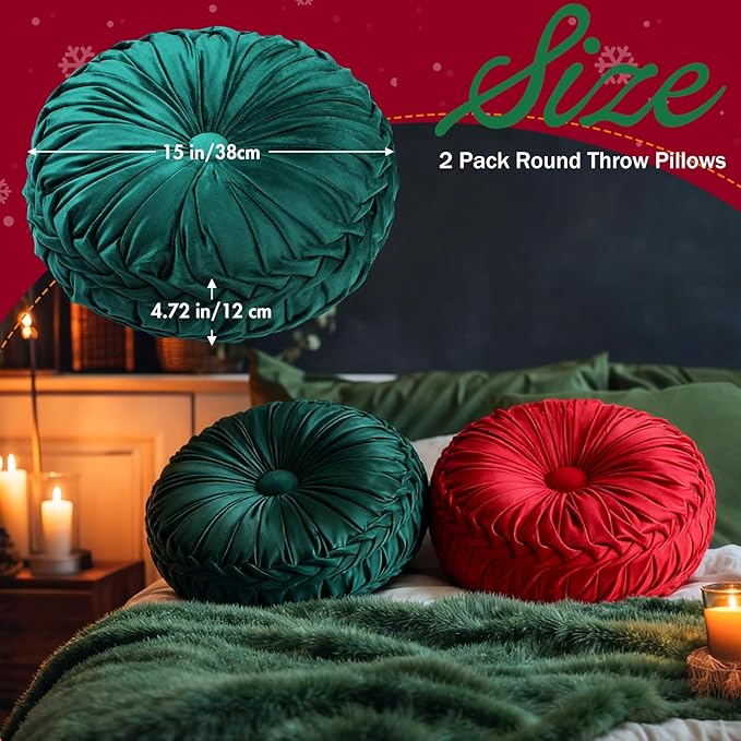 2 Pcs Round Throw Pillows 15 Inch Decorative Velvet Pleated Pumpkin Pillows Boho Floor Pillow with Center Button for Living Room Couch Chair Bed Sofa Home Decoration (Red and Green)