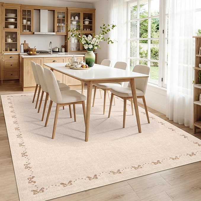 GarveeHome Washable Area Rugs 8x10 Bow Neutral Beige Rug Non Slip Living Room Rug Soft Rugs for Bedroom Low Pile Stain Resistant Carpet for Nursery Dining Room Playroom, Beige