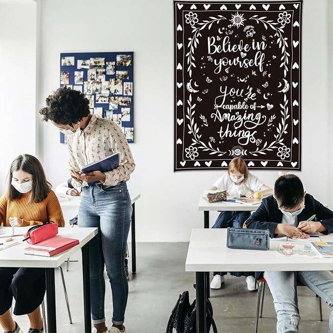 KJHL Motivational Black and White Classroom Tapestry 48" x 36" Vertical Boho Room Decor Positive Affirmations Inspirational Quote Aesthetic Tapestries Wall Hanging for Bedroom Dorm