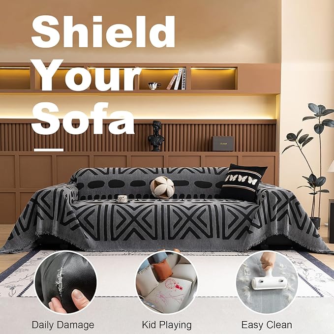 VClife Bohemian Oversize Sofa Cover Washable, Non Slip Chenille Couch Cover for 3-4 Cushion Couch Sofa Pet Furniture Protector Modern Tribal Black Gray Sofa Slipcover for Sectional Couch 71''x150''