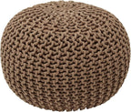 Ornavo Home Pouf Ottoman Foot Rest - 100% Cotton Pouffe - Hand Knitted Cable Braid Cord - Boho Round Stuffed Ottoman for Living Room, Bedroom - Taupe/Brown