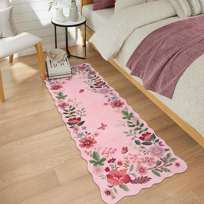 Lahome Floral Kitchen Runner, 2X6 Washable Runner Rug Non-Slip, Ultra-Thin Soft Hallway Rug Stain Resistant Boho Carpet for ‎Bedroom Laundry Bathroom Flore, Pink