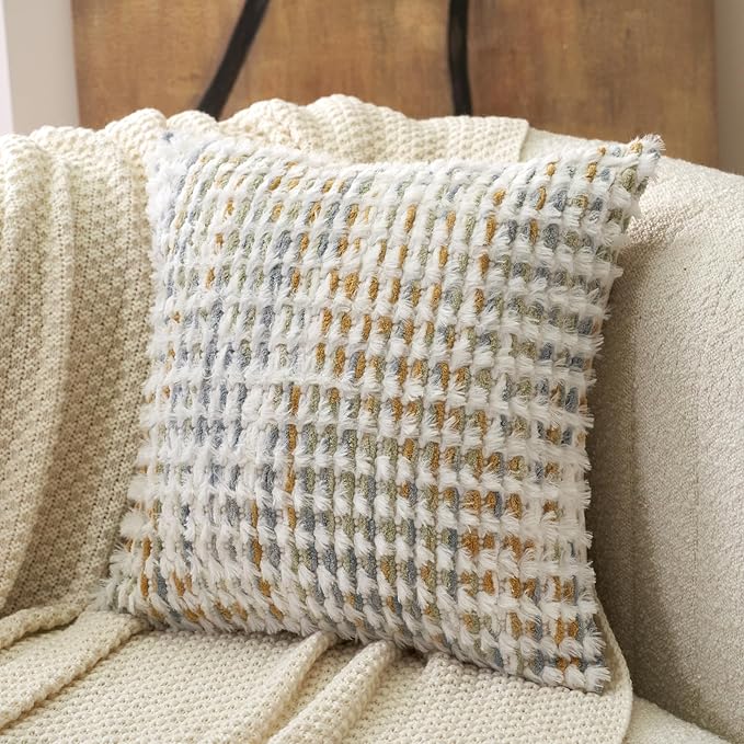 Aeckself Boho Chenille Tufted Pillow Cover 18 x 18 Inch, Decorative Square Throw Pillow Cover Neutral Pillowcase for Couch Bedroom Living Room, Yellow White