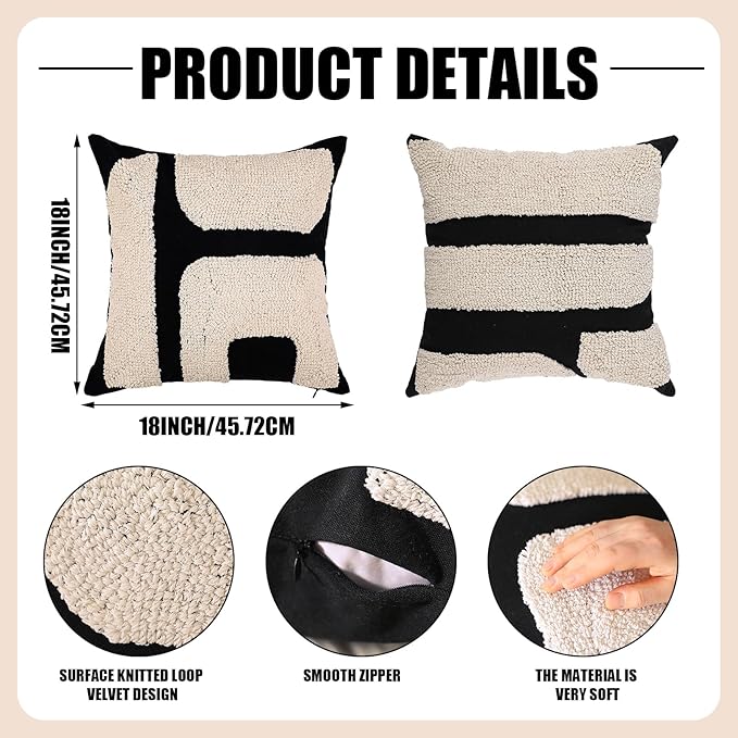 Oudain 2 Pcs Black and White Tufted Pillow Covers Boho Chunky Geometric Decorative Throw Pillow Case 18 x 18 Inches Abstract Pillowcases for Bed Couch(White, Black, Classic Style)
