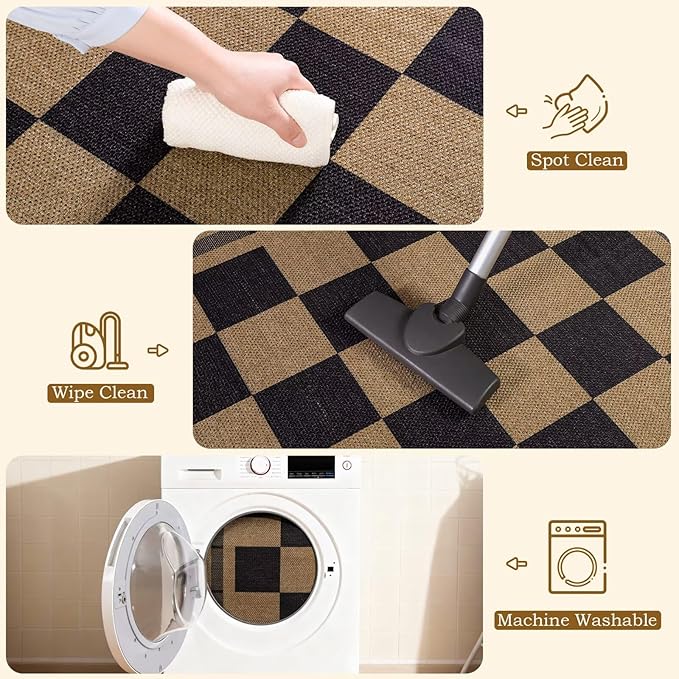 Vasofe 2x6 Runner Rug for Hallway, Washable Checkered Jute Rugs, Outdoor Indoor Patio Porch Balcony Bedroom Kitchen Laundry Geometric Mat, Non Slip Plaid Farmhouse Design Carpet, Black and Brown