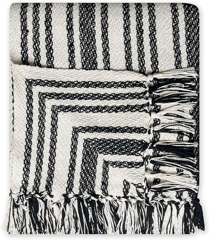 Chardin home - Black & Ivory Stockholm Stripe Cotton Throw Blanket - 50x60 | Farmhouse Large, Wearable, Breathable Throw | Boho Everyday Blanket for Couch, Bed, Sofa | Soft Lightweight Picnic Rug