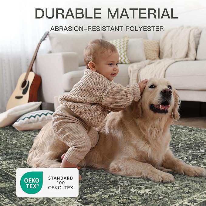 8x10 Vintage Washable Area Rug for Living Room,Low Pile Non Slip Carpet Non-Shedding Large Area Rug Soft Indoor Stain Resistant Rug Floral Print Mat for Bedroom Dining Room Green Floral