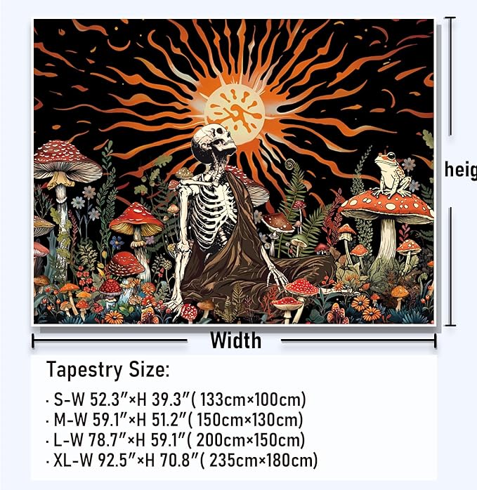 Amonercvita Skull Tapestry Vintage Mushroom Tapestries Aesthetic Sun Tapestry Floral Skeleton Wall Hanging Tapestries Jungle Plants Wall Decor for Bedroom