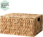 StorageWorks Large Water Hyacinth Baskets for Organizing, Wicker Basket with Lid for Shelves, Storage Basket with Lid and Built-in Handles, 1 Pack