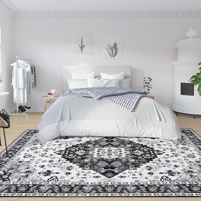 Amearea Vintage Design Area Rugs for Living Room, 6x9 Machine Washable Floral Collection Traditional Bedroom Rug, Low Pile Cute Kids Room Print Carpet, No Slip Office Kitchen Home Decor, Black
