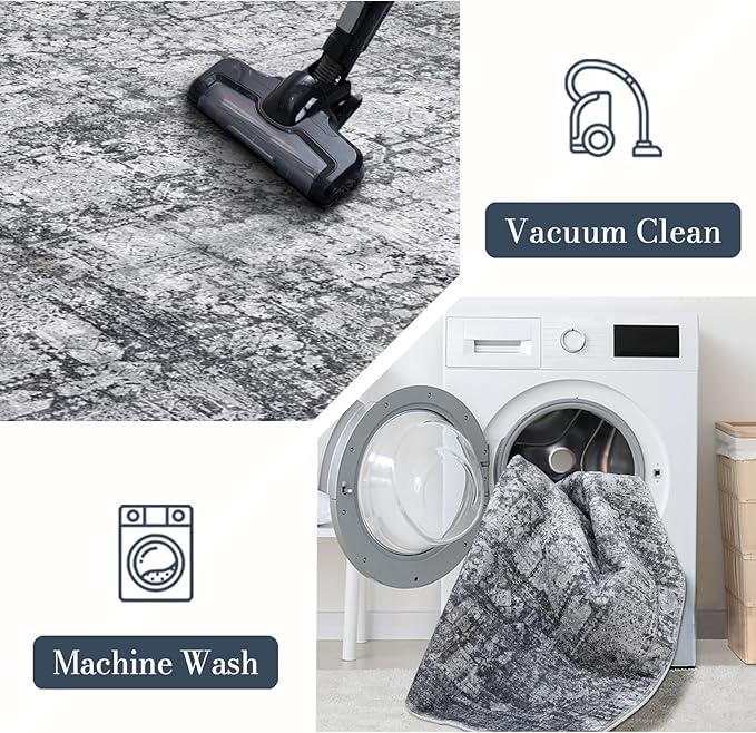 Area Rug 3×5, Vintage Boho Rug,Ultra-Soft Low Pile, Washable, Non Slip,Stain Resistant Printed Carpet for Living Room Bedrooms Playroom Office Kitchen, Dark Stone