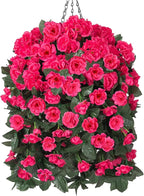 Artificial Geraniums Faux Hanging Plants Flowers Basket for Outdoors, Fake Silk Geraniums Vines in Planter UV Resistant Look Real Spring Summer Outdoor Decorations for Outside Yard Patio, Hotpink