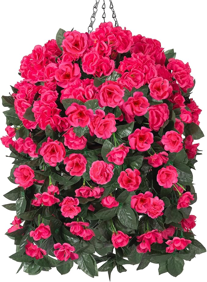Artificial Geraniums Faux Hanging Plants Flowers Basket for Outdoors, Fake Silk Geraniums Vines in Planter UV Resistant Look Real Spring Summer Outdoor Decorations for Outside Yard Patio, Hotpink