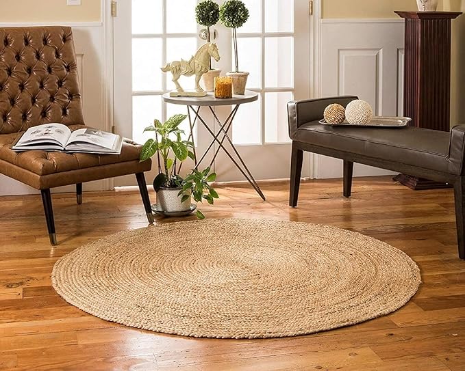 KEMA Natural 8ft Jute Braided Round Area Rug,Handmade Reversible Boho Farmhouse Rug, Rustic Vintage Handwoven Carpet for Living Room, Bedroom, Entryway & Kitchen