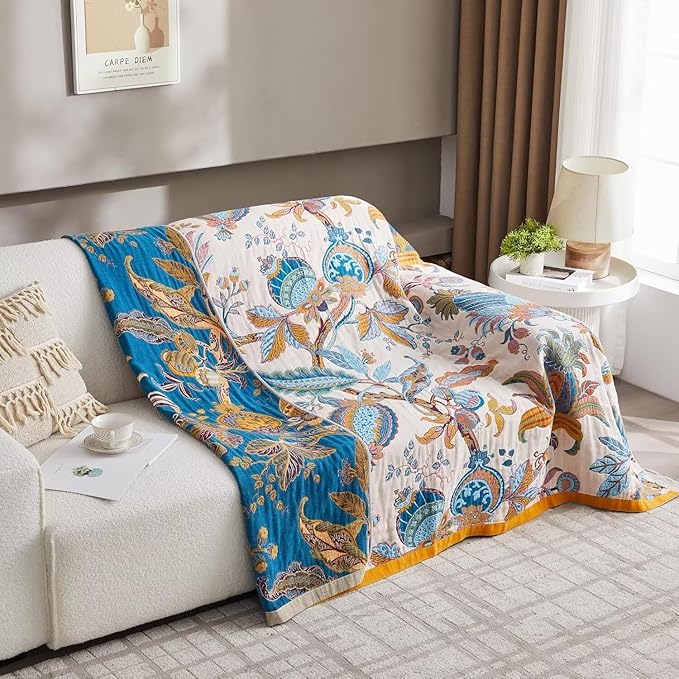 Boho Blanket for Bed 100% Cotton Bohemian Throw Blankets Ultra Soft Woven Muslin Decorative Blankets All Seasons Vintage Quilt Knitted Blanket for Sofa Chair(Beige, 80"x90")