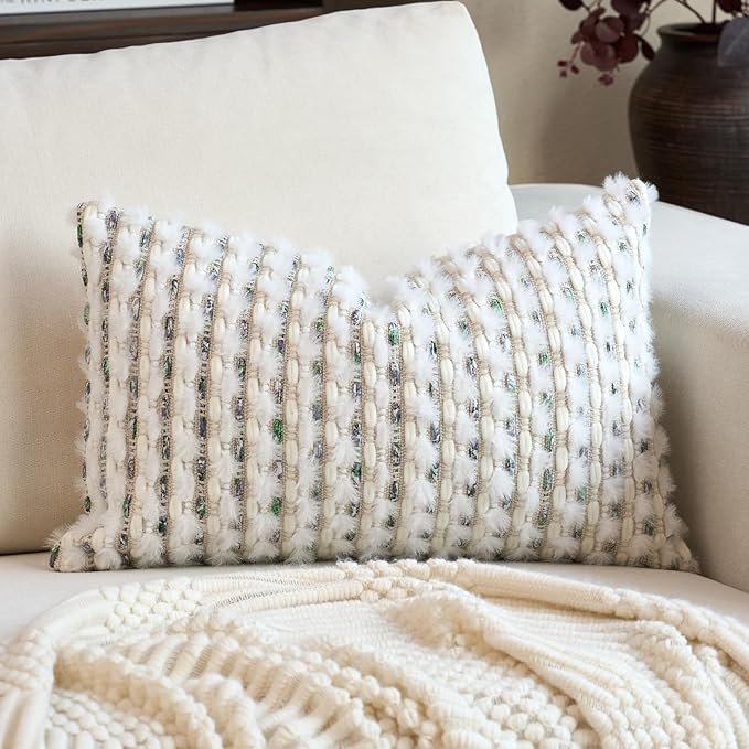 Aeckself Handmade Boho Chenille Tufted Pillow Cover 12x20 Inch, Rectangle Decorative Lumbar Throw Pillow Cover Neutral Pillowcase for Couch Bedroom Living Room, Green White