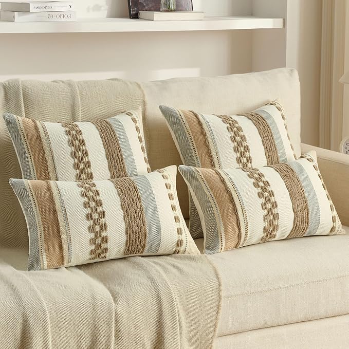 FUTEI Khaki Decorative Throw Pillow Covers 18x18 Inch Set of 2, Soft Tufted Striped Textured Accent Cushion Case,Boho Pillows for Couch Decor