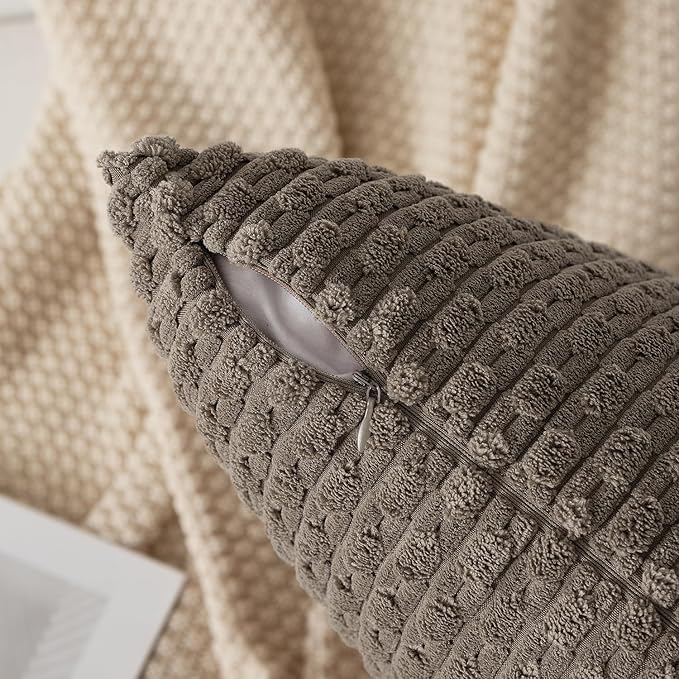 Kevin Textile 12x20 Inch Pillow Cover 1 Pack Boho Decorative Soft Striped Corduroy Lumbar Farmhouse Color Accent Rectangle Cushion Case for Living Room Couch Sofa Bed, Light Brown