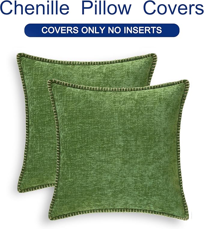 CaliTime Throw Pillow Covers Decorative 16 X 16 Inches Pack of 2 Cotton Thread Stitching Edges Solid Dyed Soft Chenille Cushion Cases for Couch Sofa Bed Living Room Farmhouse Forest Green