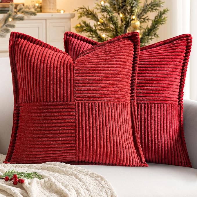 MIULEE Decorative Euro Sham Throw Pillow Covers for Couch Bed Livingroom 26x26 Inch Set of 2 Red Boho Accent Throw Pllows Broadside Striped Patchwork Soft Corduroy Pillowcases