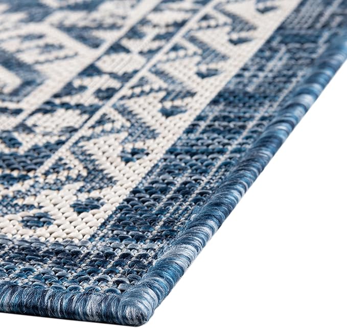 Rugs.com Outdoor Aztec Collection Rug – 10' x 14' Blue Flatweave Rug Perfect for Living Rooms, Large Dining Rooms, Open Floorplans