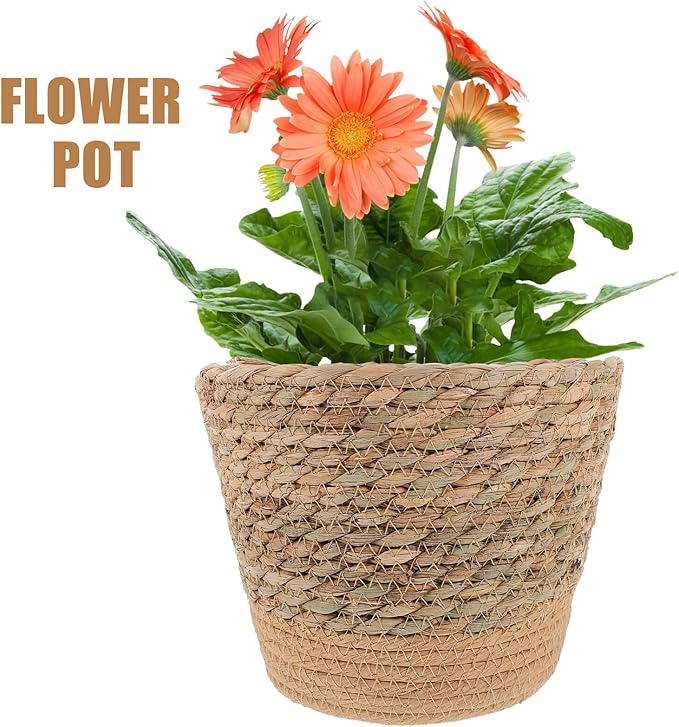 Rustic Handwoven Straw Flower Basket for Indoor Plants Multi-Functional Planter and Storage Holder Natural Decorative Pot for Living Bedroom Office Boho Home Decor