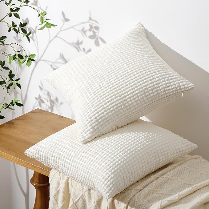 Softalker Throw Pillow Covers 12x20 Inch, Set of 2, Soft Corduroy Boho Stripe Decorative Pillow Cover, Couch Fluffy Pillow Cover for Farmhouse Home Decor Bed Living Room, Cream