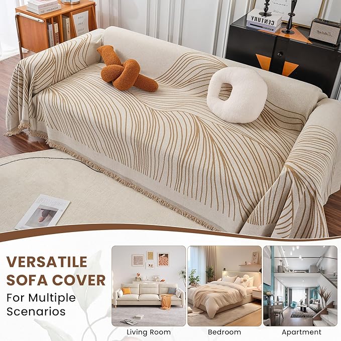VClife Large Sofa Cover Chenille Couch Cover for 2 Cushion Couch Sofa, Modern Beige Khaki Striped Couch Covers for Kids Washable Sectional Sofa Protector with Tassel 71"X118"