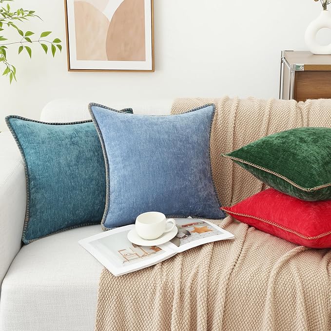 decorUhome Chenille Soft Cozy Throw Pillow Covers 18x18 Set of 2, Modern Farmhouse Boho Velvet Decorative Pillow Cases with Stitched Edge for Couch Sofa Bed Home Decor, Blue