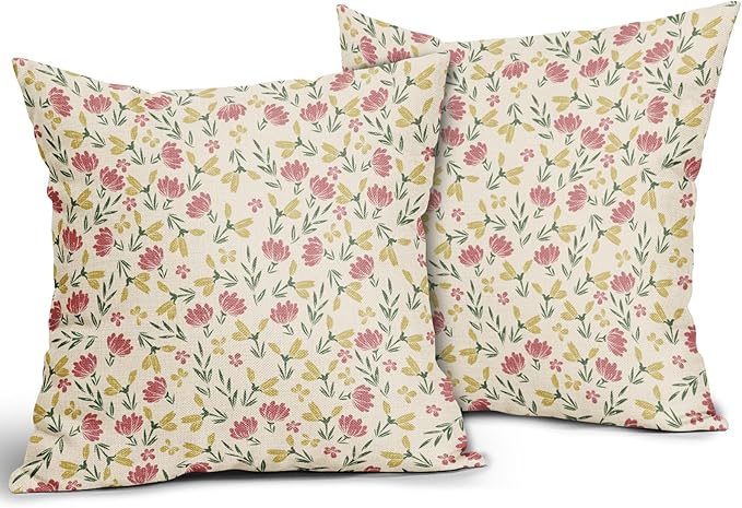 Green Pink Yellow Floral Pillow Covers 20x20 Set of 2 Vintage Rustic Old Style Cute Small Flower Print Decorative Outdoor Pillowcases Farmhouse Throw Cushion Case Decor for Couch Sofa Bed